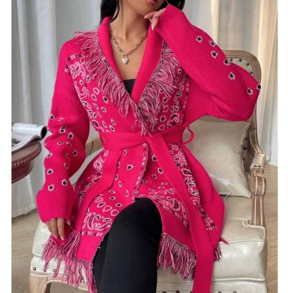Fringe detailed Paisley belted Sweater Knit Cardigan Hot Pink - Picture 1 of 7